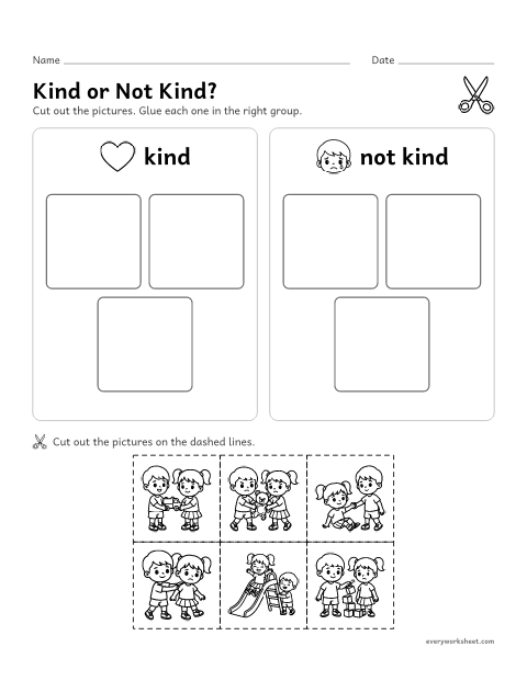 Preview of the printable “Kind or not Kind? cut and paste” worksheet: sorting kind and unkind actions