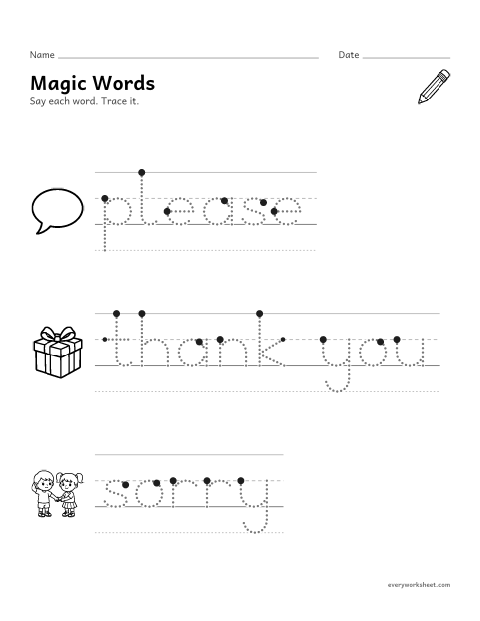 Preview of the printable “Magic Words: please and thank you tracing” worksheet: tracing polite words