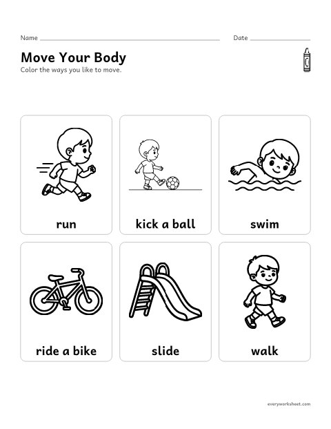Preview of the printable “Move your Body: exercise for preschool” worksheet: choosing ways to be active