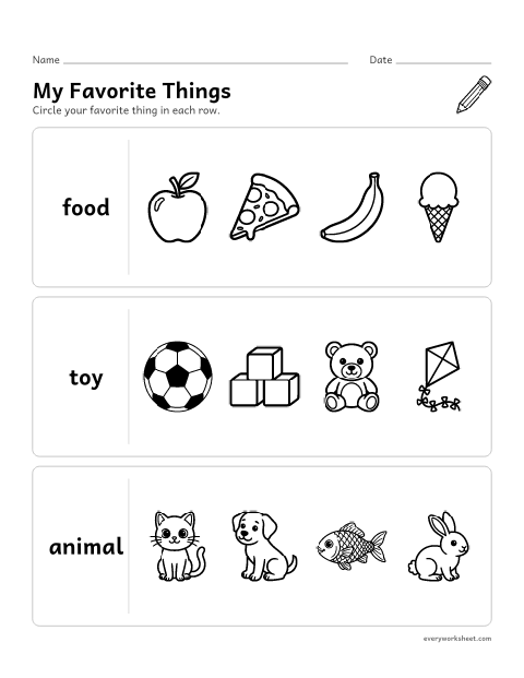 Preview of the printable “My favorite things” worksheet: choosing and telling my favorite things