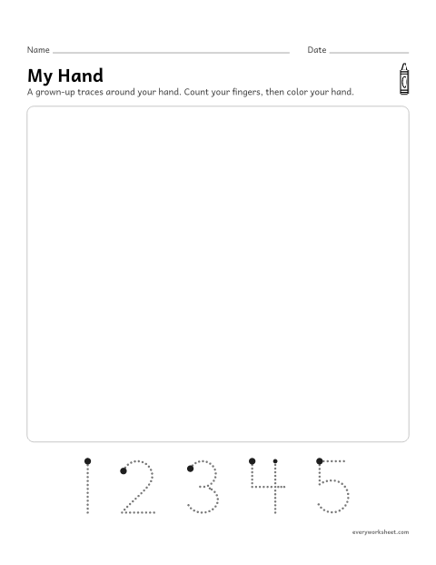 Preview of the printable “My hand tracing page” worksheet: tracing and counting my fingers