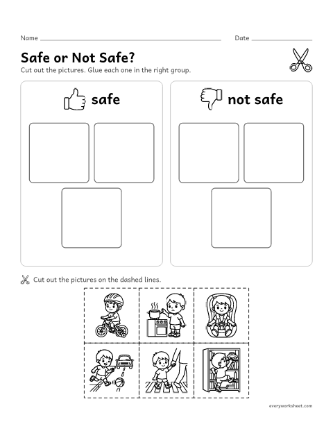 Preview of the printable “Safe or not Safe? cut and paste” worksheet: sorting safe and not safe choices