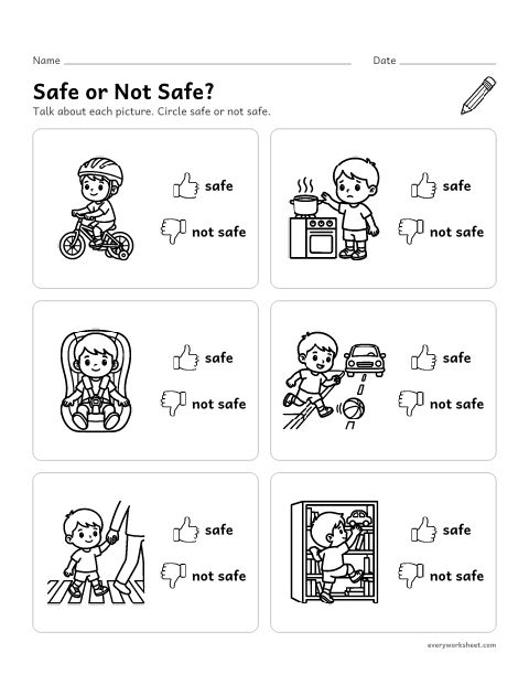 Preview of the printable “Safe or not Safe? safety sort” worksheet: sorting safe and not safe choices