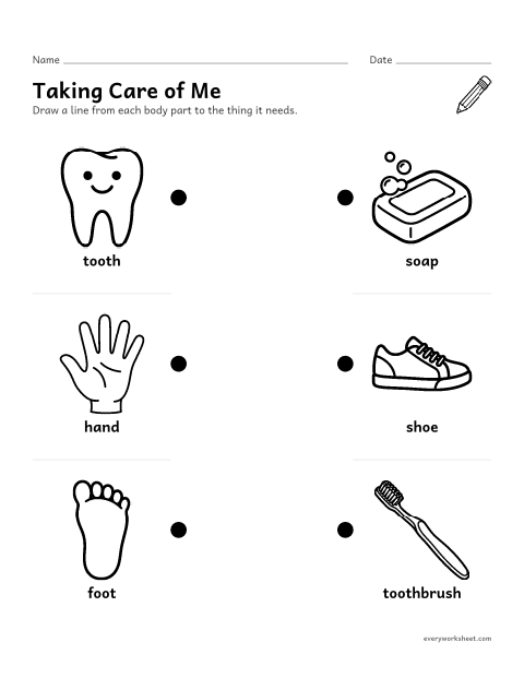 Preview of the printable “Taking care of Me: match worksheet” worksheet: matching body parts to self-care tools