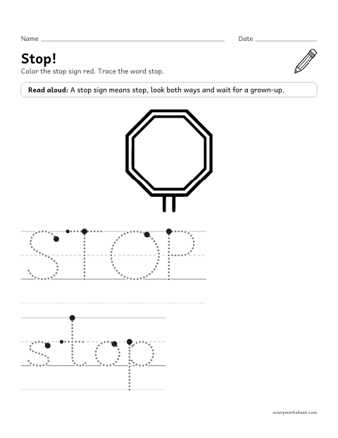 Preview of the printable “Stop sign tracing page” worksheet: knowing the stop sign