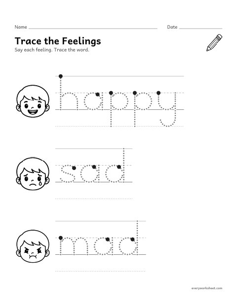 Preview of the printable “Trace the feelings words” worksheet: tracing feeling words