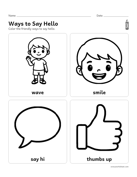 Preview of the printable “Ways to say hello” worksheet: greeting others in friendly ways