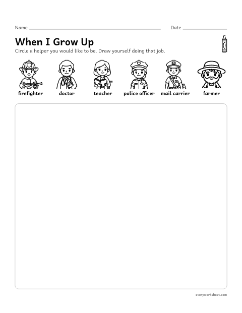 Preview of the printable “When I grow Up: community helper drawing” worksheet: imagining a helper job