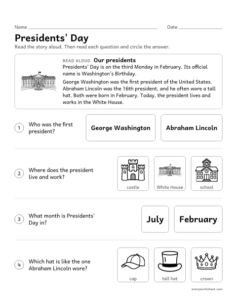 Preview of the printable “Presidents' day Read-Aloud” worksheet: listening to facts about Presidents' Day, George Washington and Abraham Lincoln