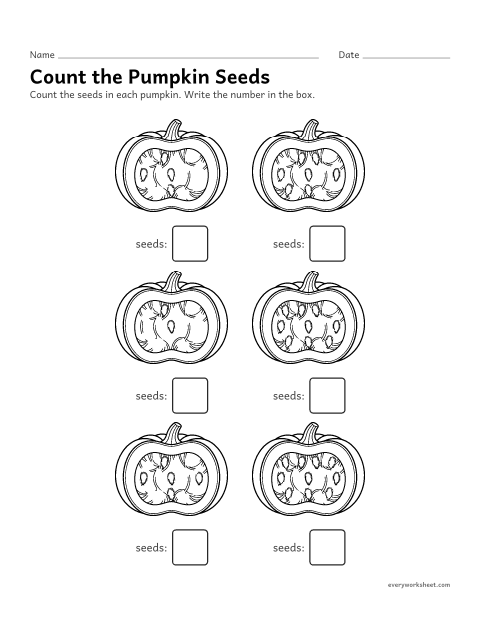 Preview of the printable “Count the pumpkin seeds” worksheet: counting seeds to 10 and writing the number