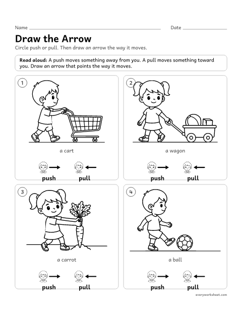Preview of the printable “Push or Pull: draw the force arrow” worksheet: showing which way a push or pull moves something