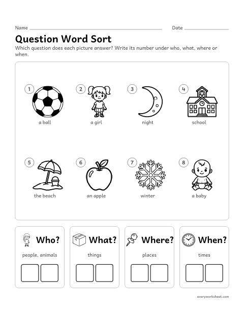 Preview of the printable “WH question word sort 1” worksheet: sorting answers by the question word they answer
