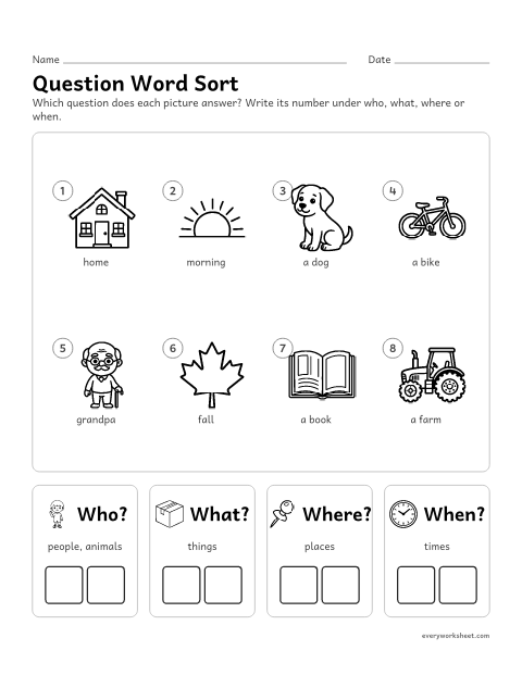 Preview of the printable “WH question word sort 2” worksheet: sorting answers by the question word they answer