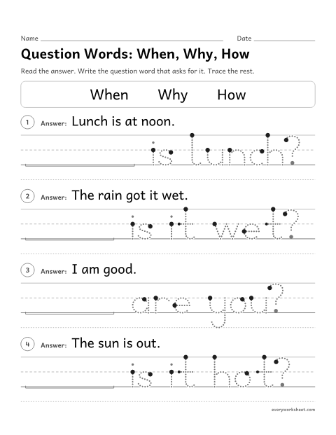 Preview of the printable “Question Words: When, Why, how” worksheet: using when, why and how to ask questions