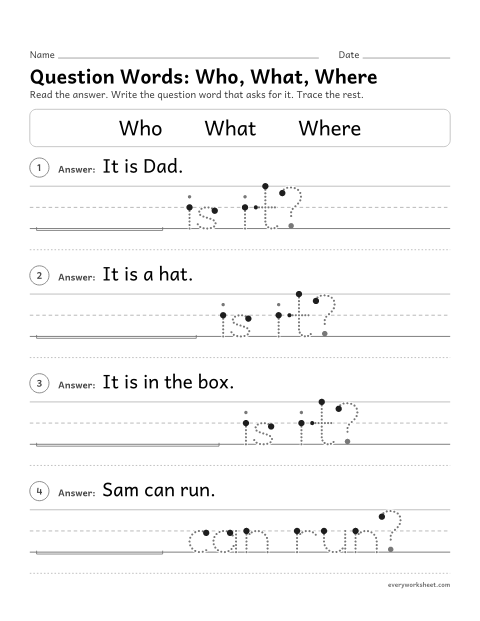 Preview of the printable “Question Words: Who, What, where” worksheet: using who, what and where to ask questions