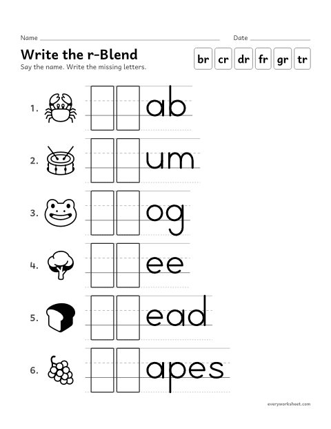 Preview of the printable “Write the r-Blend” worksheet: writing the r-blend that begins a word