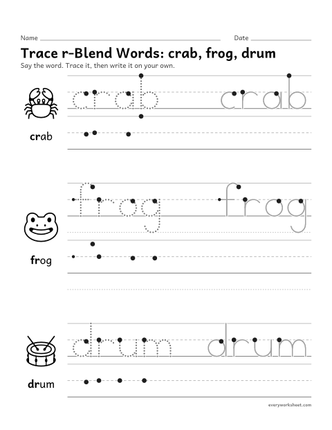 Preview of the printable “Trace r-Blend Words: crab, frog, drum” worksheet: writing words that begin with r-blends
