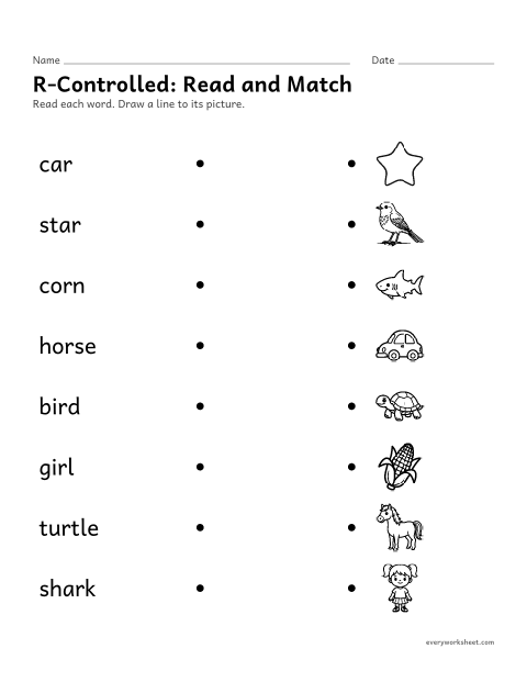 Preview of the printable “R-Controlled: read and match” worksheet: reading r-controlled words and matching them to pictures
