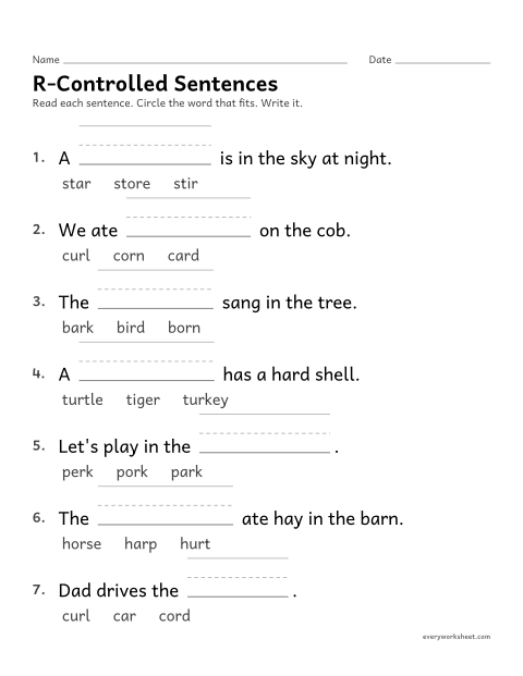 Preview of the printable “R-Controlled sentences” worksheet: choosing the r-controlled word that fits a sentence
