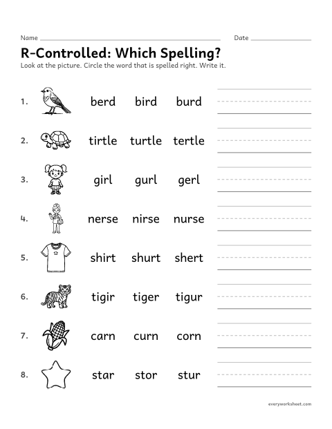 Preview of the printable “R-Controlled: which Spelling?” worksheet: choosing the right spelling of er, ir and ur words