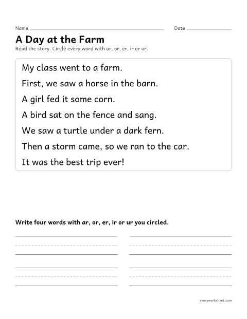 Preview of the printable “R-Controlled Story: A day at the farm” worksheet: finding words with ar, or, er, ir and ur in a short story