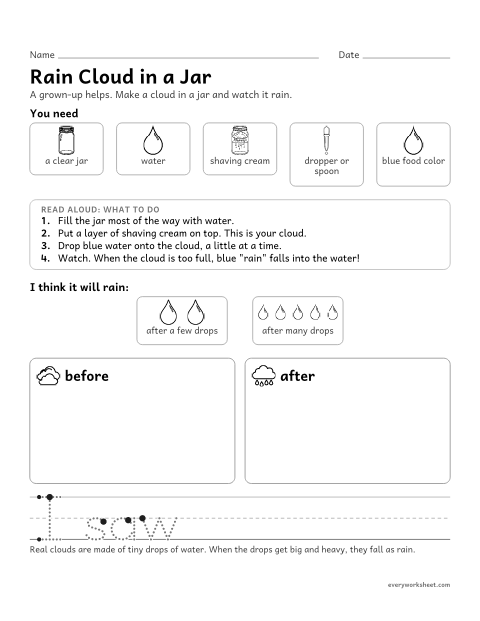 Preview of the printable “Rain cloud in a jar experiment sheet” worksheet: making a model rain cloud and recording what happens