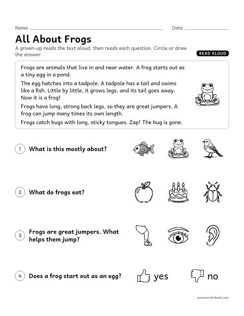 Preview of the printable “Read aloud Nonfiction: all about frogs” worksheet: listening to an informational text and naming the main topic and key details