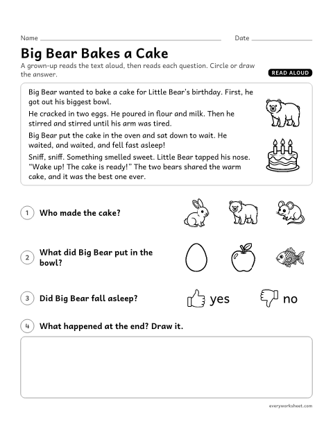 Preview of the printable “Read aloud Story: big bear bakes a cake” worksheet: listening to a story and answering questions about characters, setting and events
