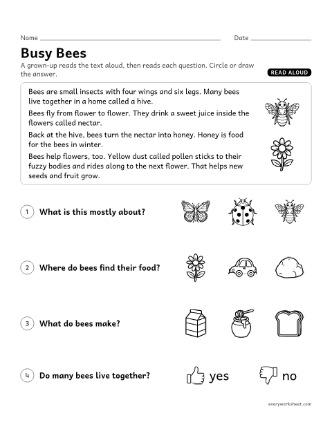 Preview of the printable “Read aloud Nonfiction: busy bees” worksheet: listening to an informational text and naming the main topic and key details