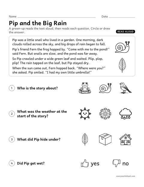Preview of the printable “Read aloud Story: pip and the big rain” worksheet: listening to a story and answering questions about characters, setting and events