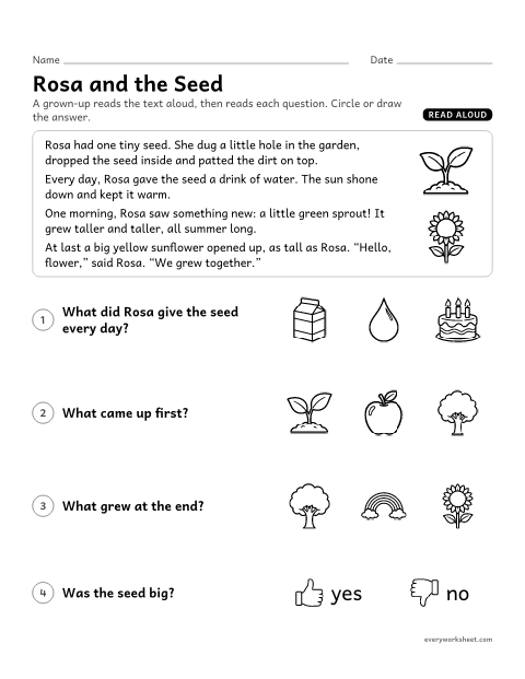 Preview of the printable “Read aloud Story: rosa and the seed” worksheet: listening to a story and answering questions about characters, setting and events