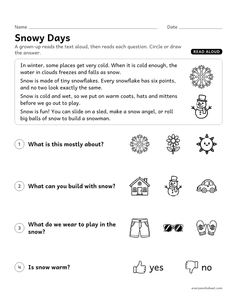 Preview of the printable “Read aloud Nonfiction: snowy days” worksheet: listening to an informational text and naming the main topic and key details