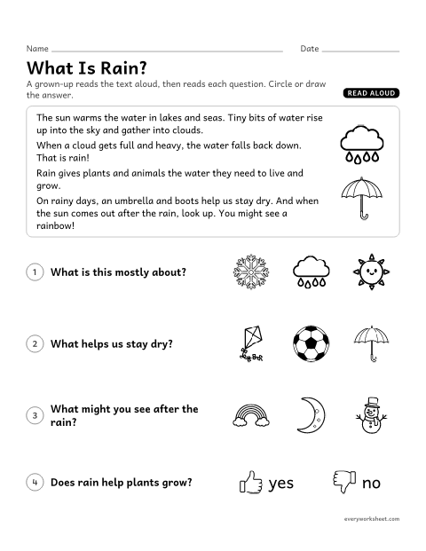 Preview of the printable “Read aloud Nonfiction: what is Rain?” worksheet: listening to an informational text and naming the main topic and key details
