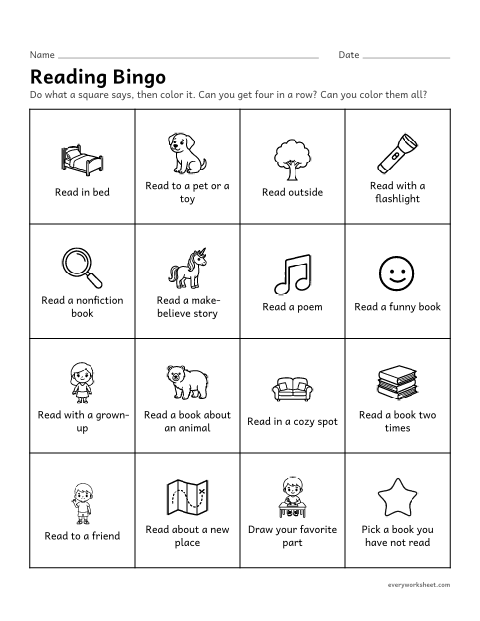 Preview of the printable “Reading bingo” worksheet: reading many kinds of books in many places