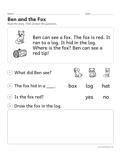 Preview of the printable “Reading comprehension Passage: ben and the fox” worksheet: reading a short decodable story and answering questions about key details