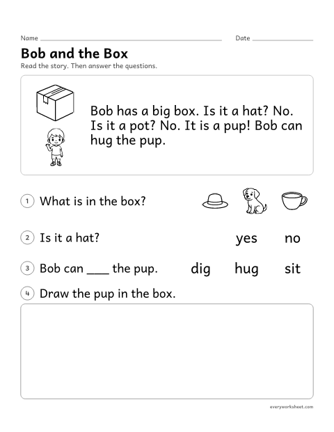 Preview of the printable “Reading comprehension Passage: bob and the box” worksheet: reading a short decodable story and answering questions about key details
