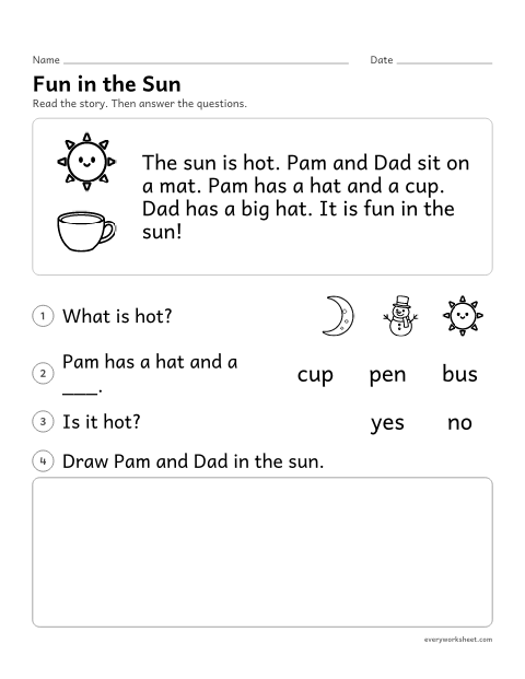 Preview of the printable “Reading comprehension Passage: fun in the sun” worksheet: reading a short decodable story and answering questions about key details