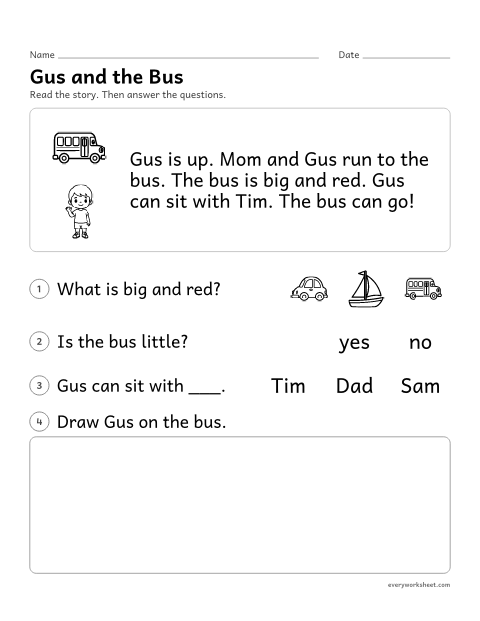 Preview of the printable “Reading comprehension Passage: gus and the bus” worksheet: reading a short decodable story and answering questions about key details