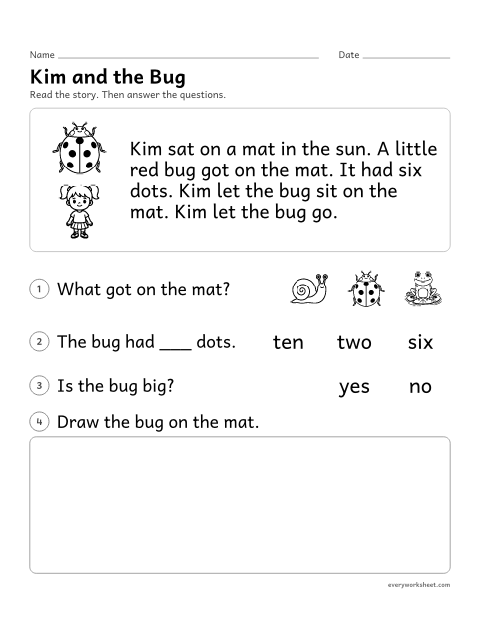 Preview of the printable “Reading comprehension Passage: kim and the bug” worksheet: reading a short decodable story and answering questions about key details