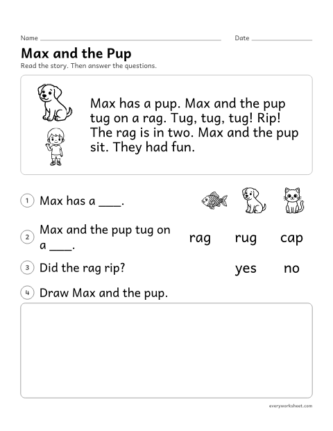 Preview of the printable “Reading comprehension Passage: max and the pup” worksheet: reading a short decodable story and answering questions about key details