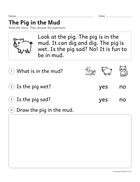 Preview of the printable “Reading comprehension Passage: the pig in the mud” worksheet: reading a short decodable story and answering questions about key details