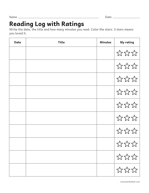 Preview of the printable “Reading log with ratings” worksheet: recording titles and rating books