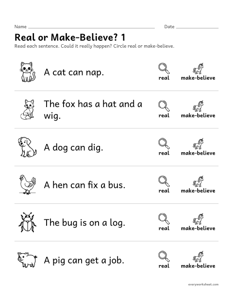 Preview of the printable “Real or Make-Believe? 1” worksheet: reading sentences and telling real from make-believe