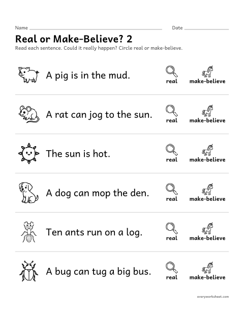 Preview of the printable “Real or Make-Believe? 2” worksheet: reading sentences and telling real from make-believe