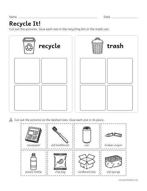 Preview of the printable “Recycling cut and Paste: trash or recycle” worksheet: sorting things into trash and recycling by cutting and gluing