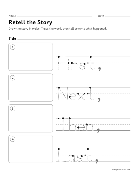 Preview of the printable “Retell a Story: First, Next, Then, last (Any Book)” worksheet: retelling a familiar story in order with first, next, then and last