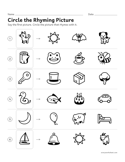 Preview of the printable “Circle the rhyming picture” worksheet: finding the picture that rhymes with a word