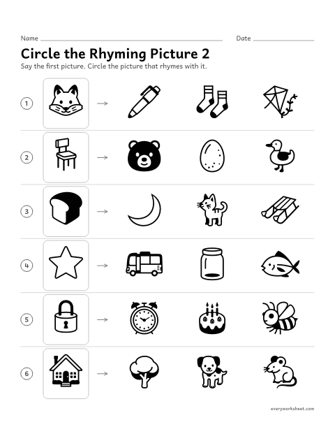 Preview of the printable “Circle the rhyming picture 2” worksheet: finding the picture that rhymes with a word
