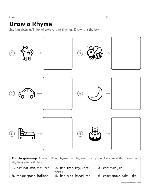 Preview of the printable “Draw a rhyme” worksheet: saying and drawing a word that rhymes