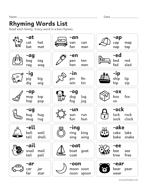 Preview of the printable “Rhyming words list” worksheet: reading rhyming word families